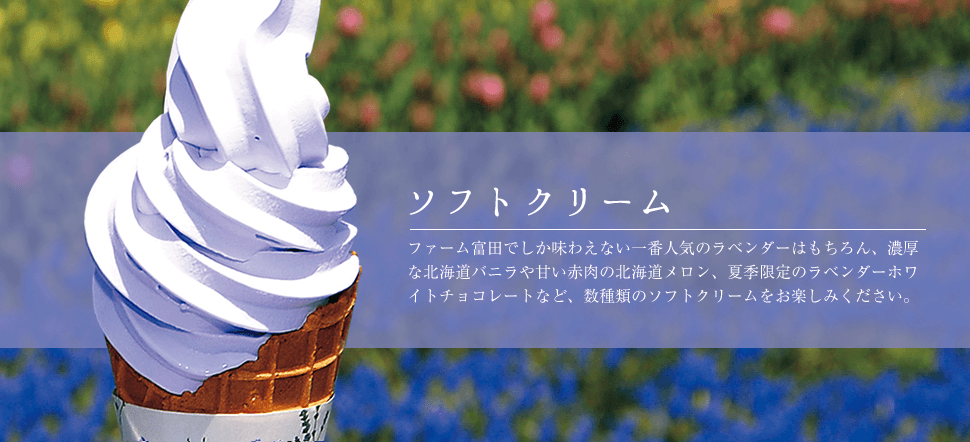 ファーム富田でしか味わえない一番人気のラベンダーはもちろん、濃厚な北海道バニラや甘い赤肉の北海道メロン、夏季限定のラベンダーホワイトチョコレートなど、数種類のソフトクリームをお楽しみください。
