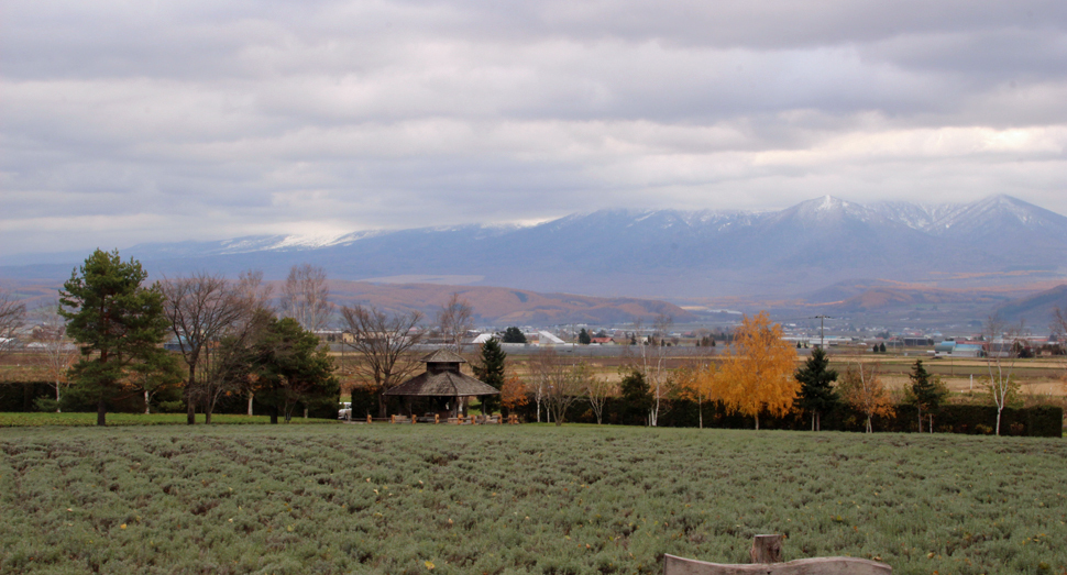 十勝岳連峰に厚い雲がかかっています。雪を降らせているのでしょうか