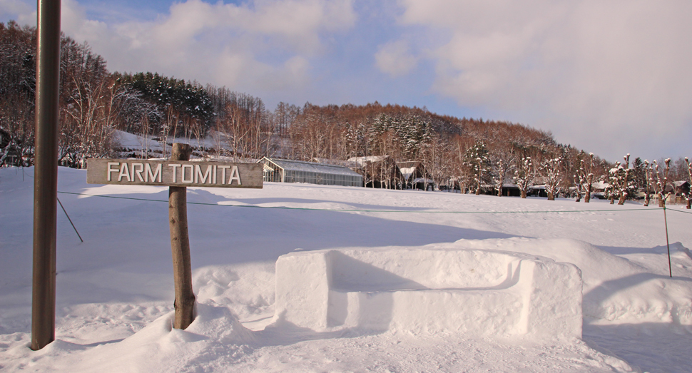 雪のベンチで記念写真をどうぞ
